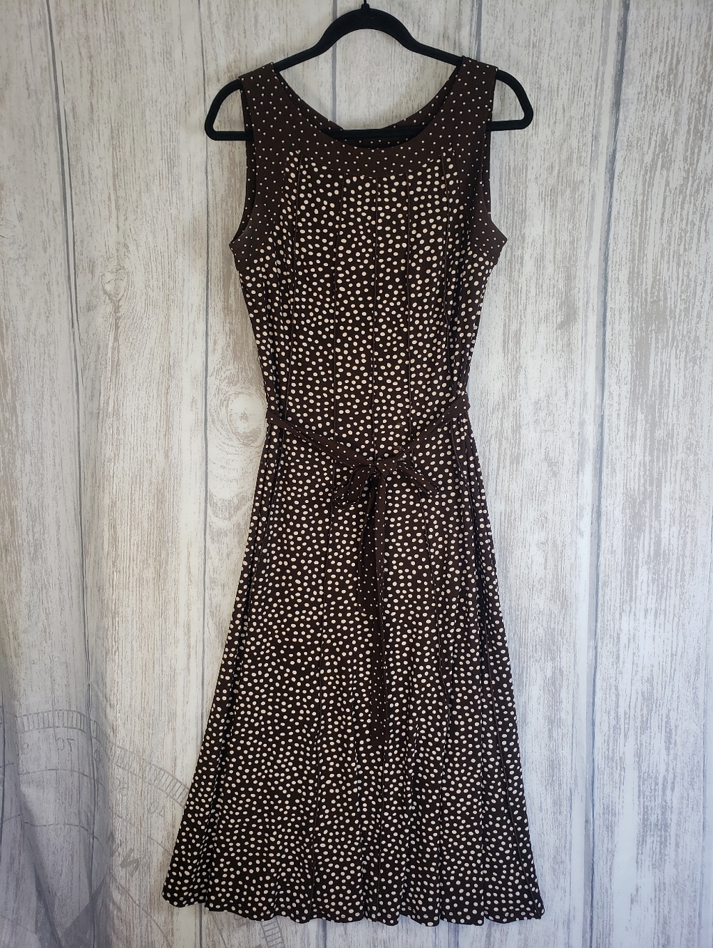 Perceptions NY sleeveless midi dress Brown & Cream Polka Dots Pretty Woman Sz 10